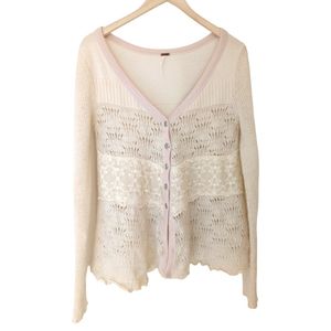 Free People Cream Beige Lace Wool Alpaca Honeysuckle Cardigan Sweater, size M